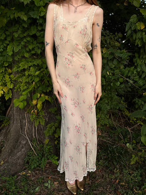 1930s Silk Chiffon Floral Print Cream Lace Bias Cut Slip Dress