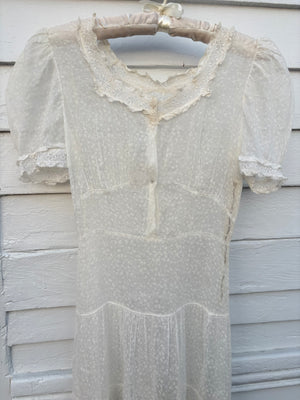 1940s Silk Orgnaza Floral Printed Ruffle Sheer Puff Sleeve Dress Wedding Gown