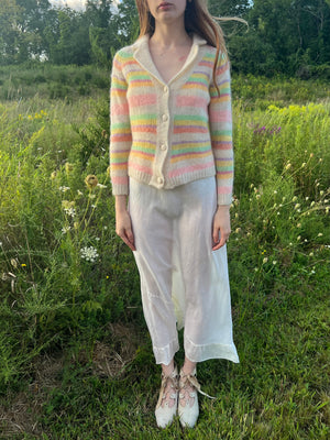 1960s Rainbow Pink Green Mohair Wool Knit Cardigan Sweater