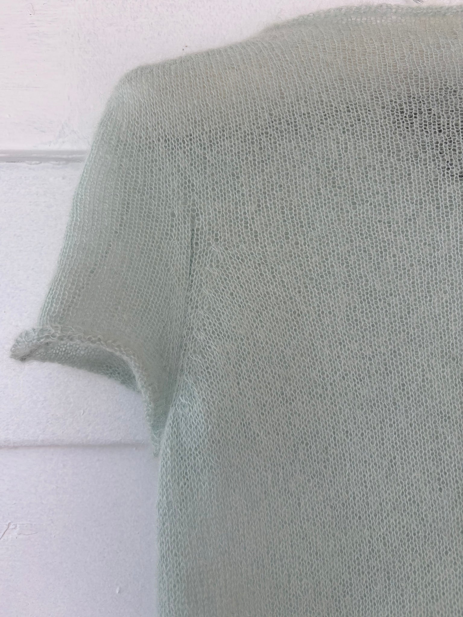 2000s Light Blue Fuzzy Mohair Knit Sweater Short Sleeve DKNY