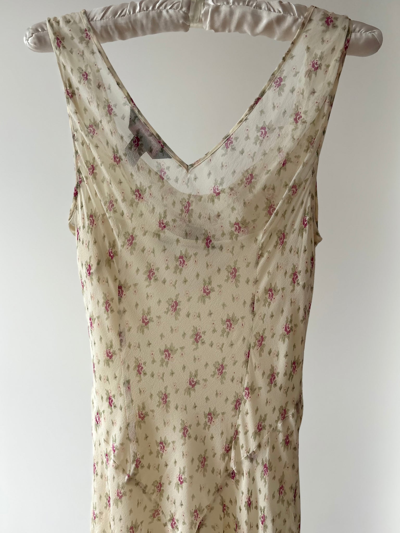 1990s Silk Chiffon Floral Cream Cowl Neck Bias Cut Slip Dress