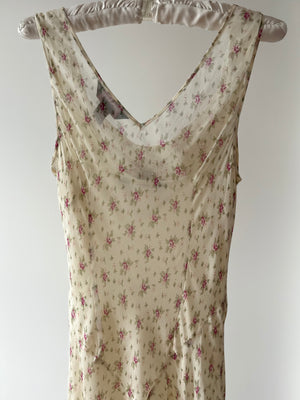 1990s Silk Chiffon Floral Cream Cowl Neck Bias Cut Slip Dress