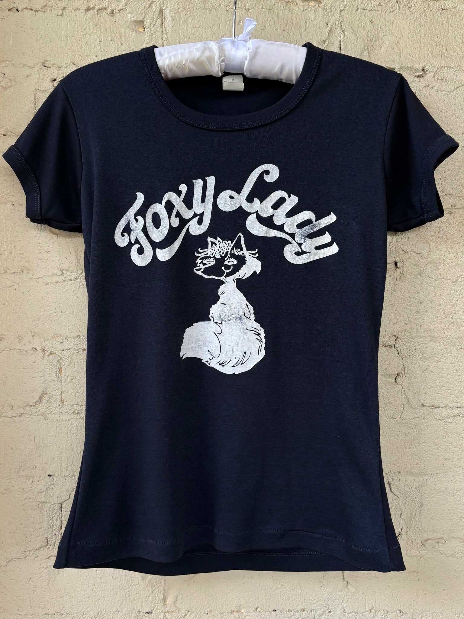 1980s Foxy Lady Black White Tee T Shirt Short Sleeve French Cut Fox Print