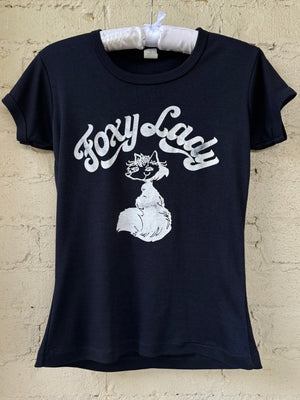 1980s Foxy Lady Black White Tee T Shirt Short Sleeve French Cut Fox Print