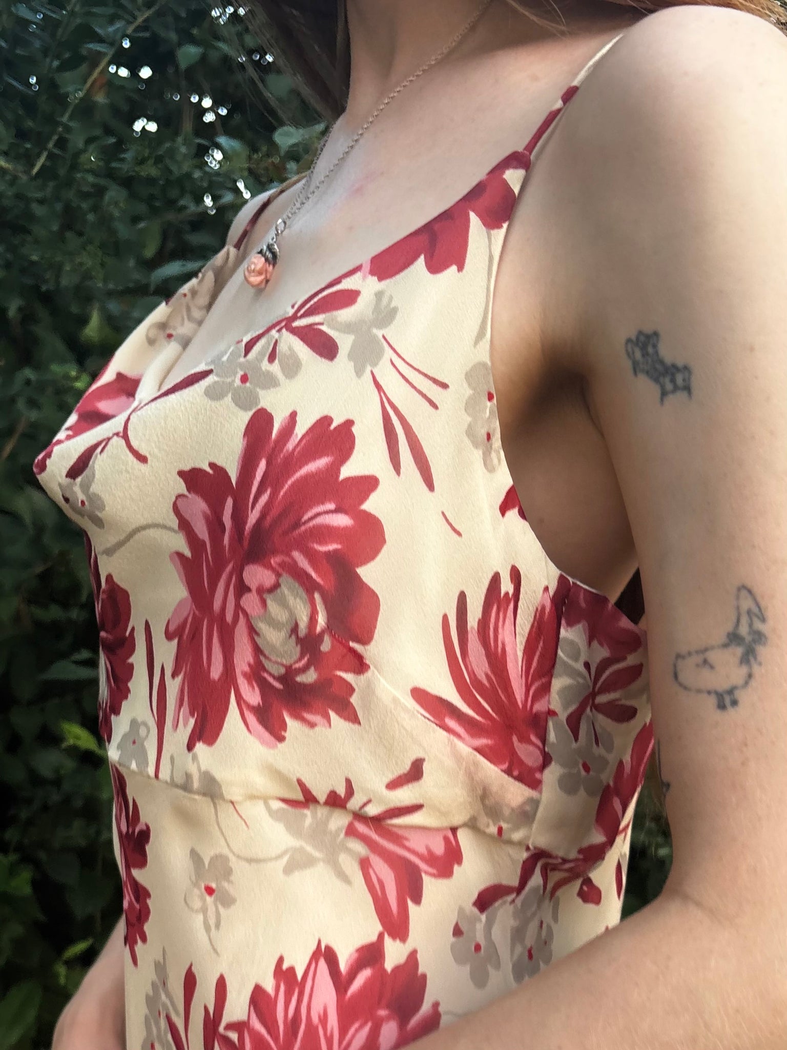 1990s Silk Floral Cream Cowl Neck Dress