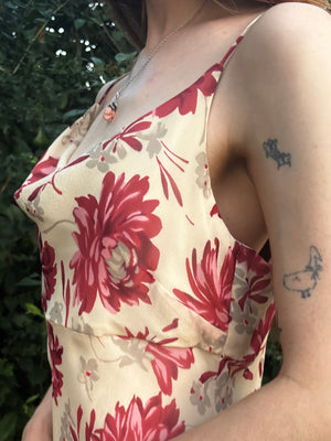 1990s Silk Floral Cream Cowl Neck Dress