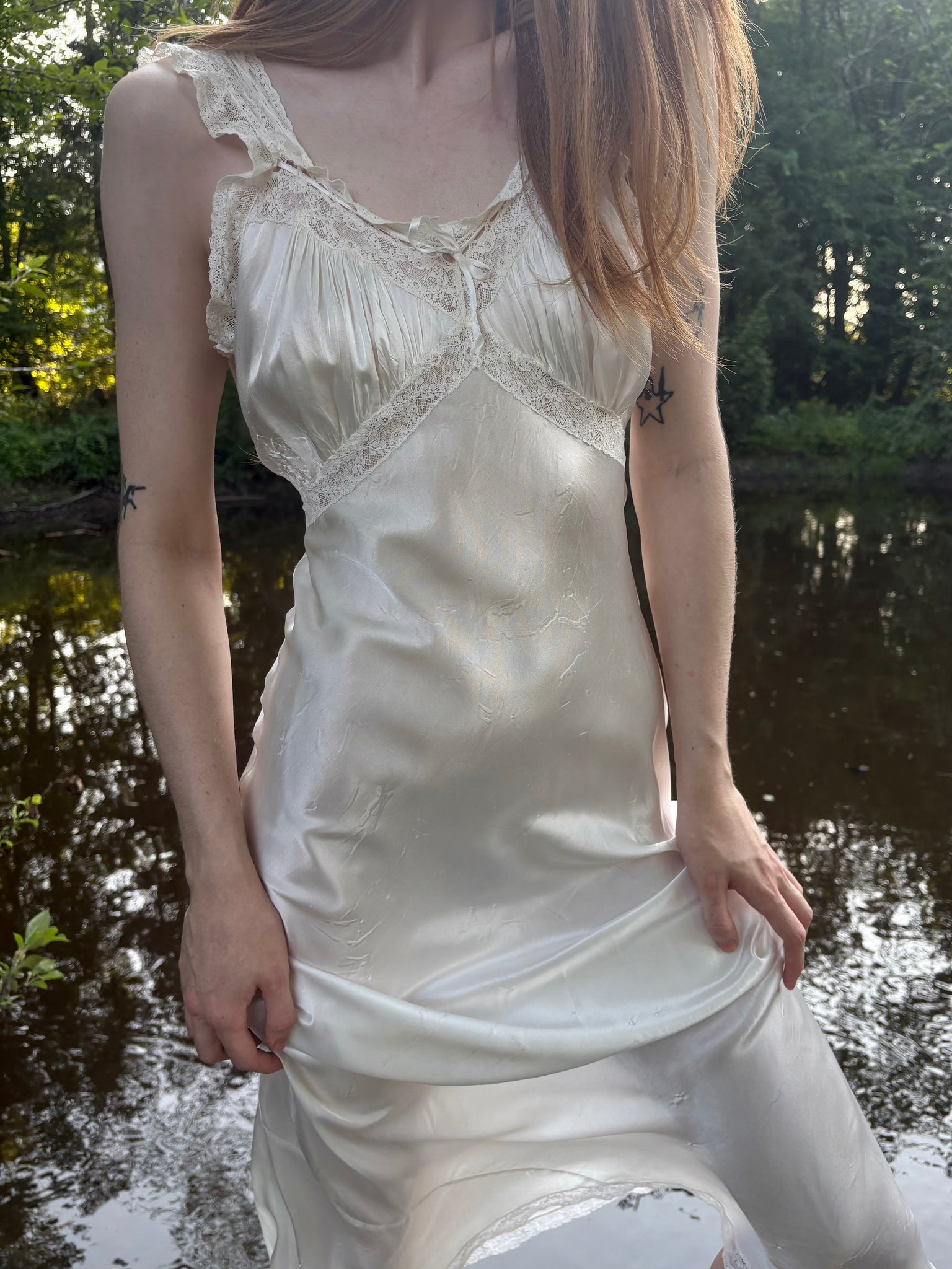 1940s Rayon Satin White Bias Cut Slip Dress Lace Wedding Gown