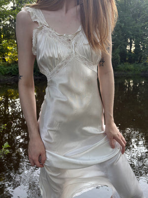 1940s Rayon Satin White Bias Cut Slip Dress Lace Wedding Gown