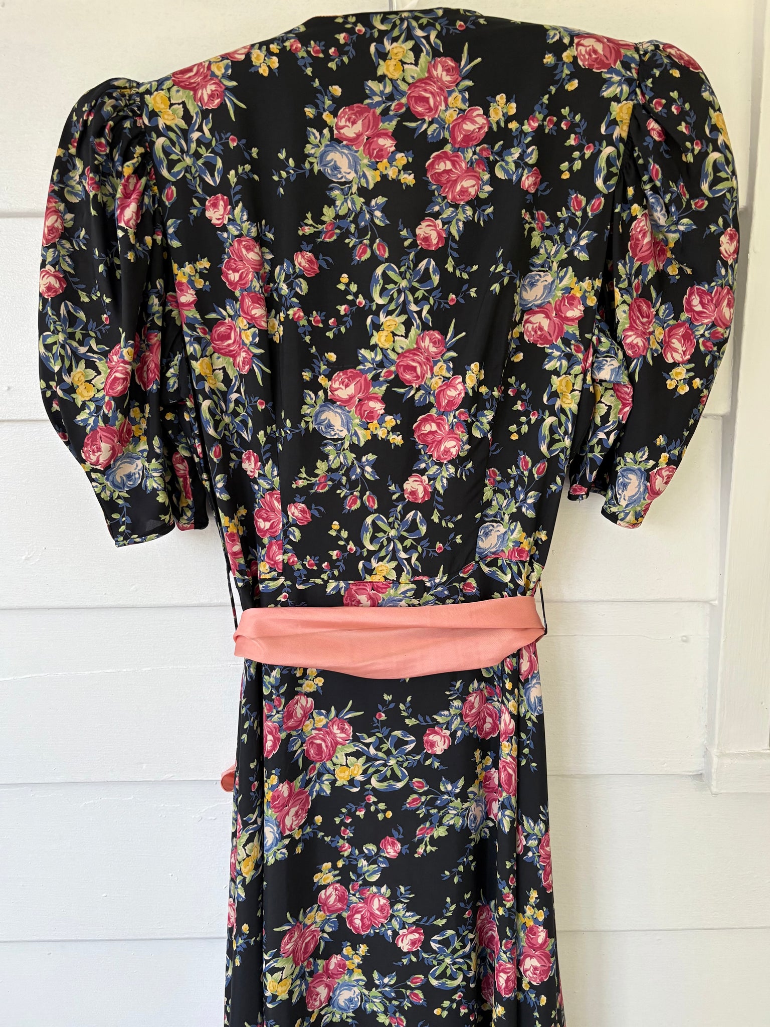 1940s Black Rose Floral Wrap Dress Printed Rayon Puff Sleeve