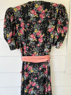 1940s Black Rose Floral Wrap Dress Printed Rayon Puff Sleeve