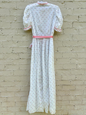 1930s White Cotton Floral Bias Cut Slip Dress Peignoir Set Puff Sleeves Pink Ribbon Rose Floral
