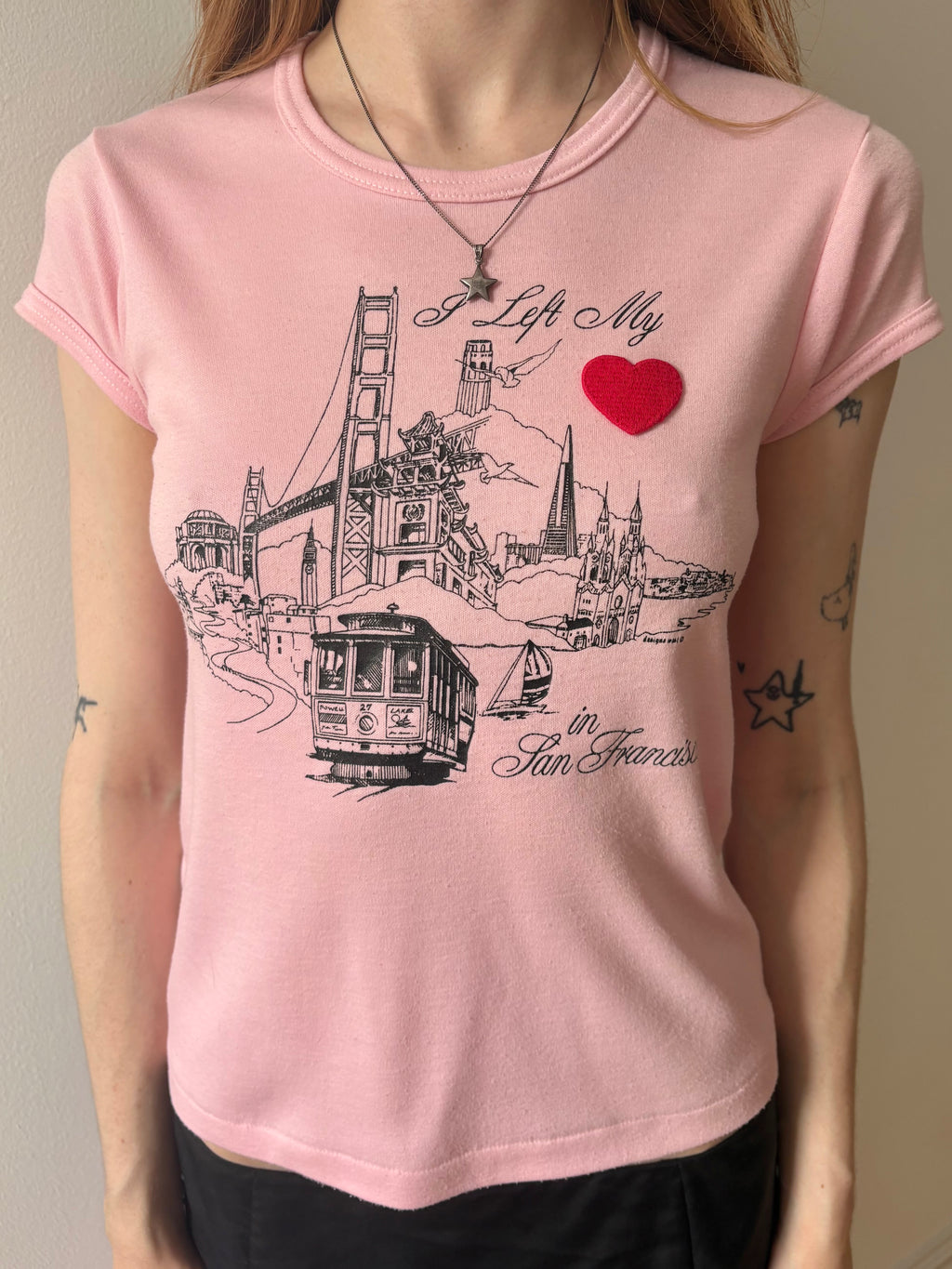 1980s San Francisco Pink Tee T Shirt Short Sleeve French Cut Heart