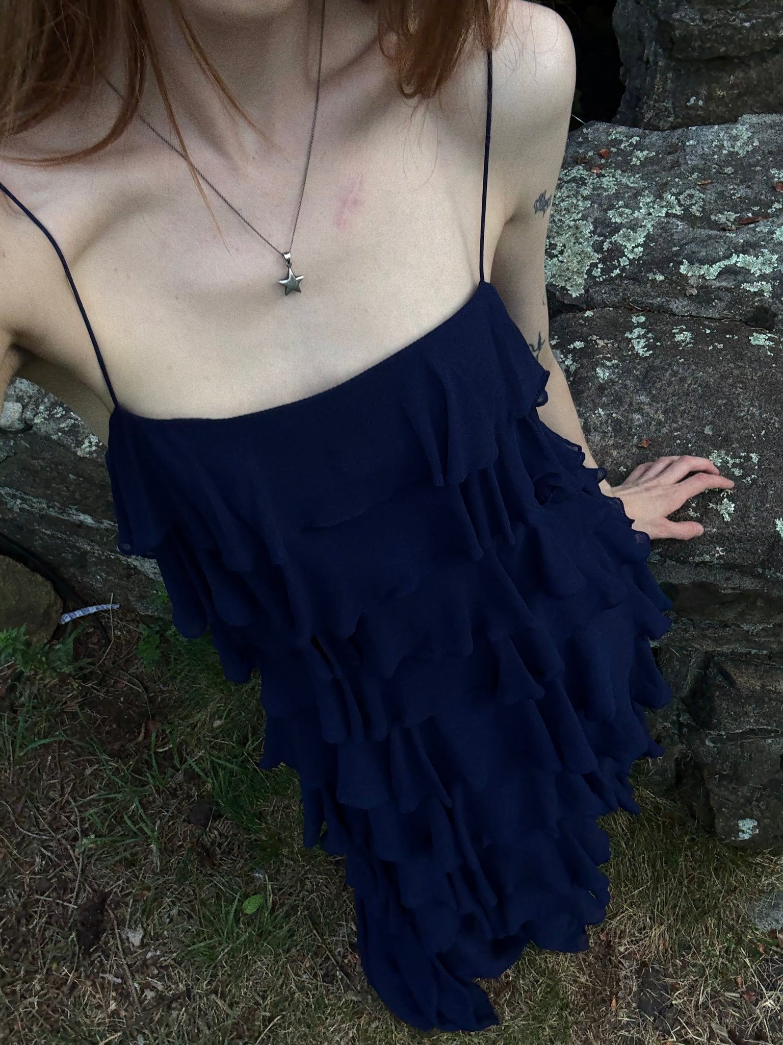 1980s Navy Blue Silk Chiffon Ruffle Cascade Dress Long Gown