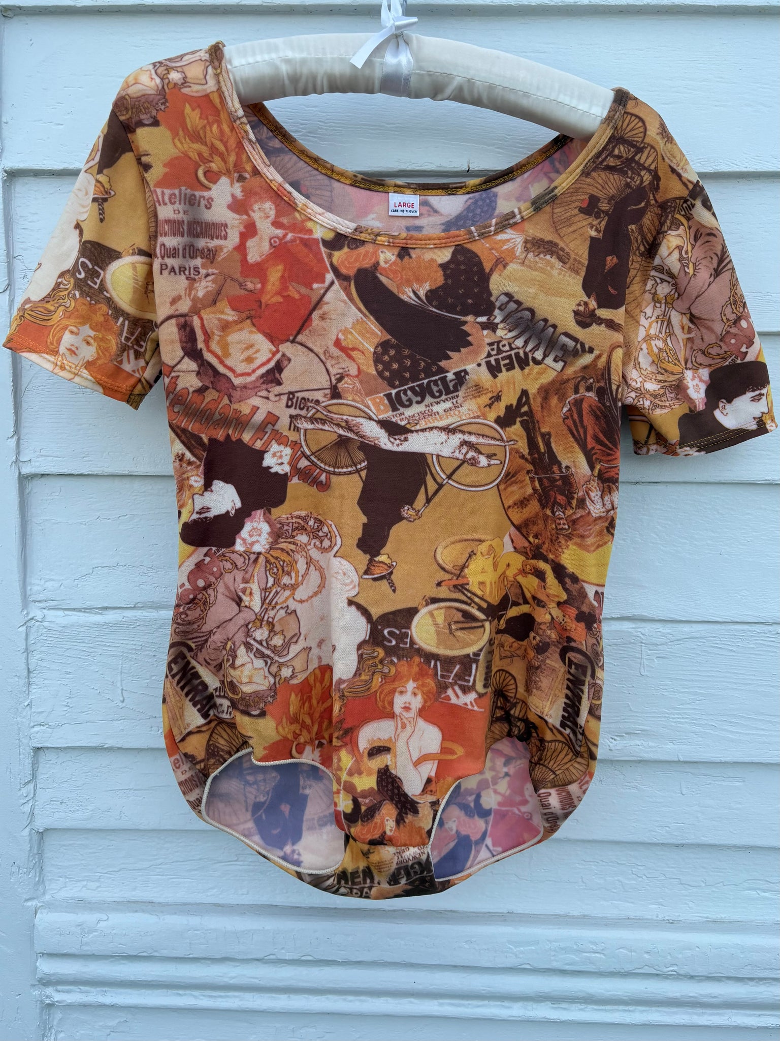 1970s Art Nouveau Woman Face Mucha Print Bodysuit