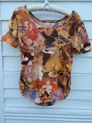 1970s Art Nouveau Woman Face Mucha Print Bodysuit