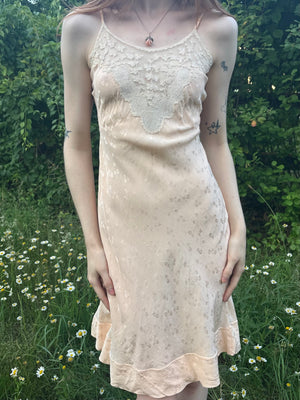 1940s Peach Brocade Silk Cream Net Floral Appliqué Bias Cut Slip Midi Dress