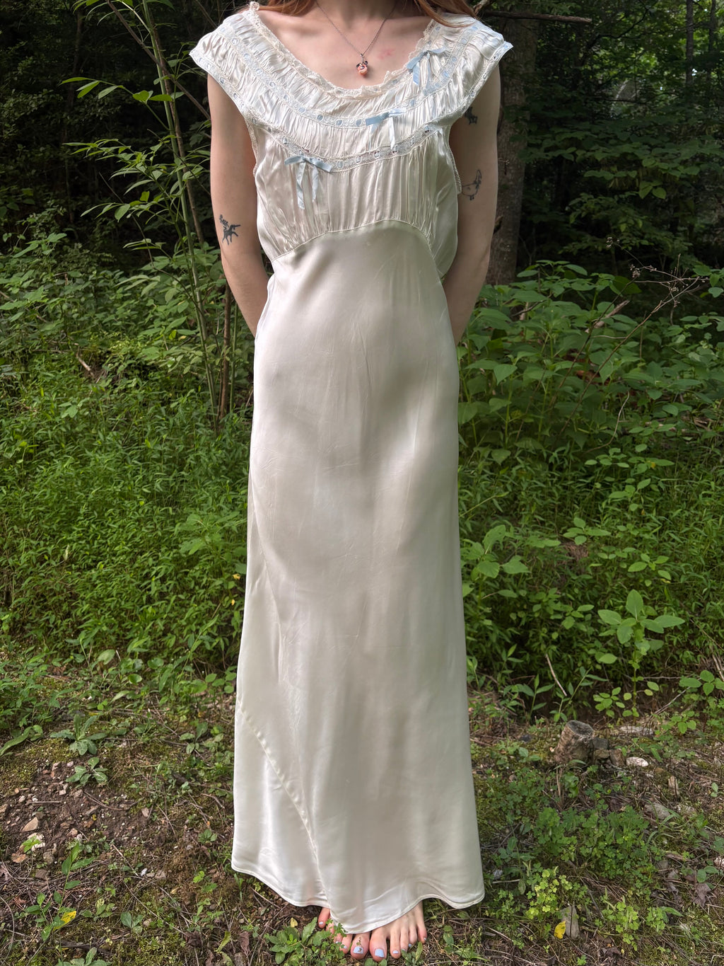 1940s White Rayon Satin Bias Cut Slip Dress Blue Ribbon Bows Lace