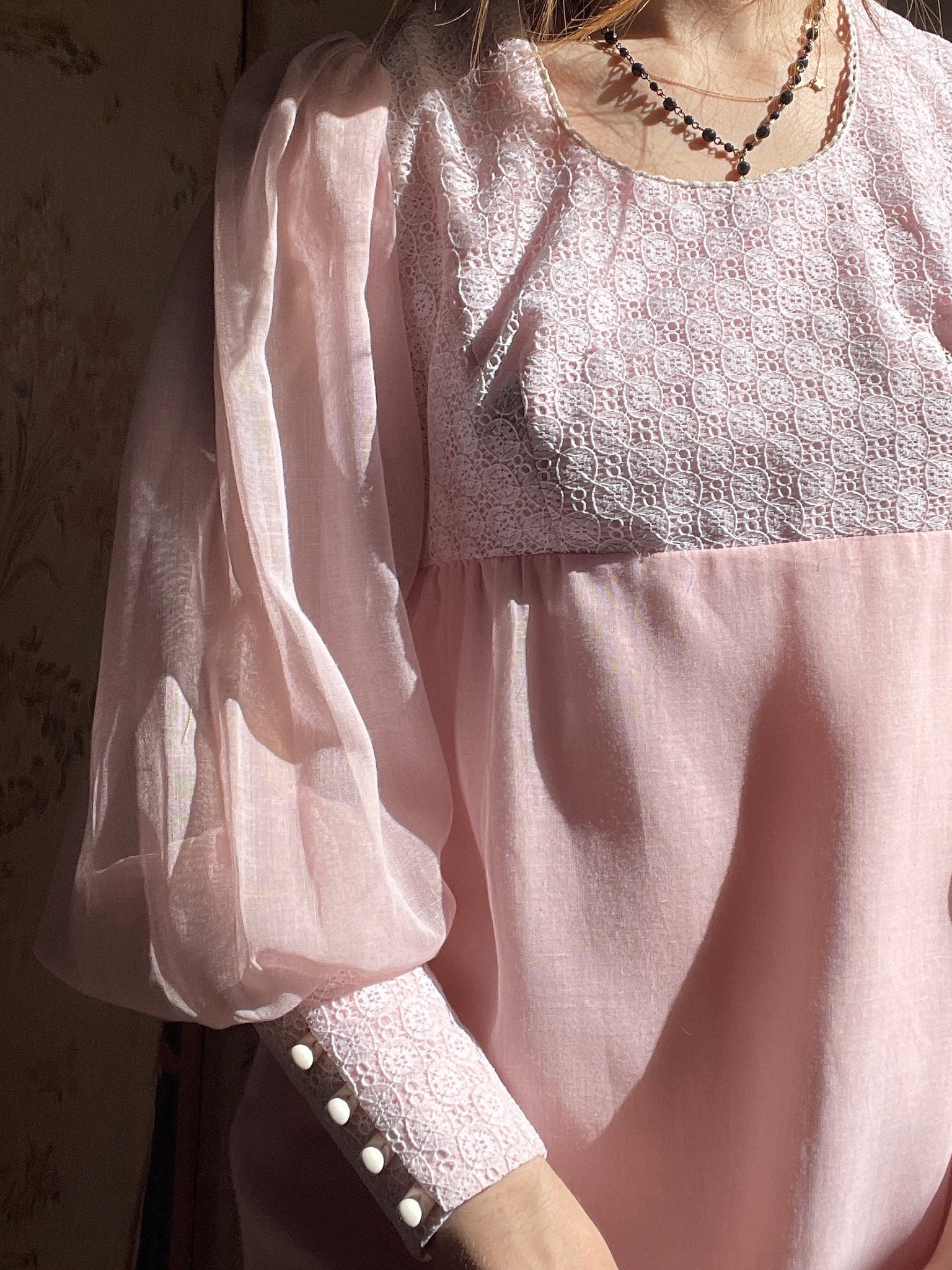 1970s Pink Cotton Gauze Prairie Maxi Dress Balloon Sleeve By Candi Jones California