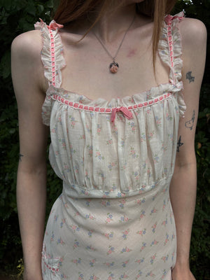 1930s White Cotton Floral Bias Cut Slip Dress Peignoir Set Puff Sleeves Pink Ribbon Rose Floral