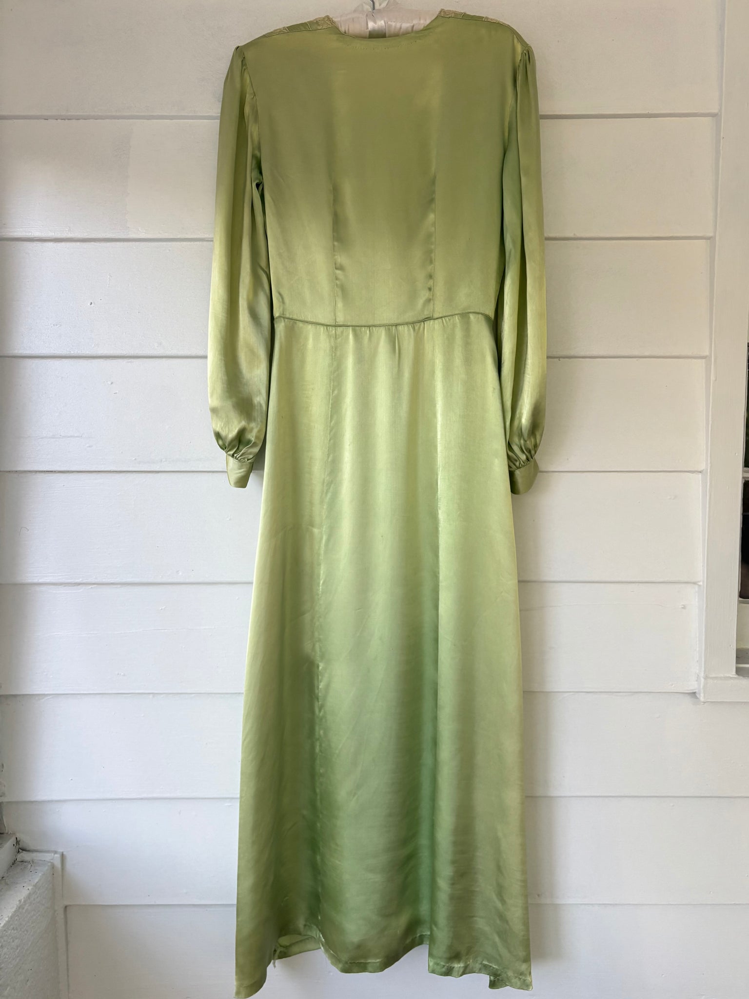 1940s Green Rayon Satin Lace Robe Peignoir