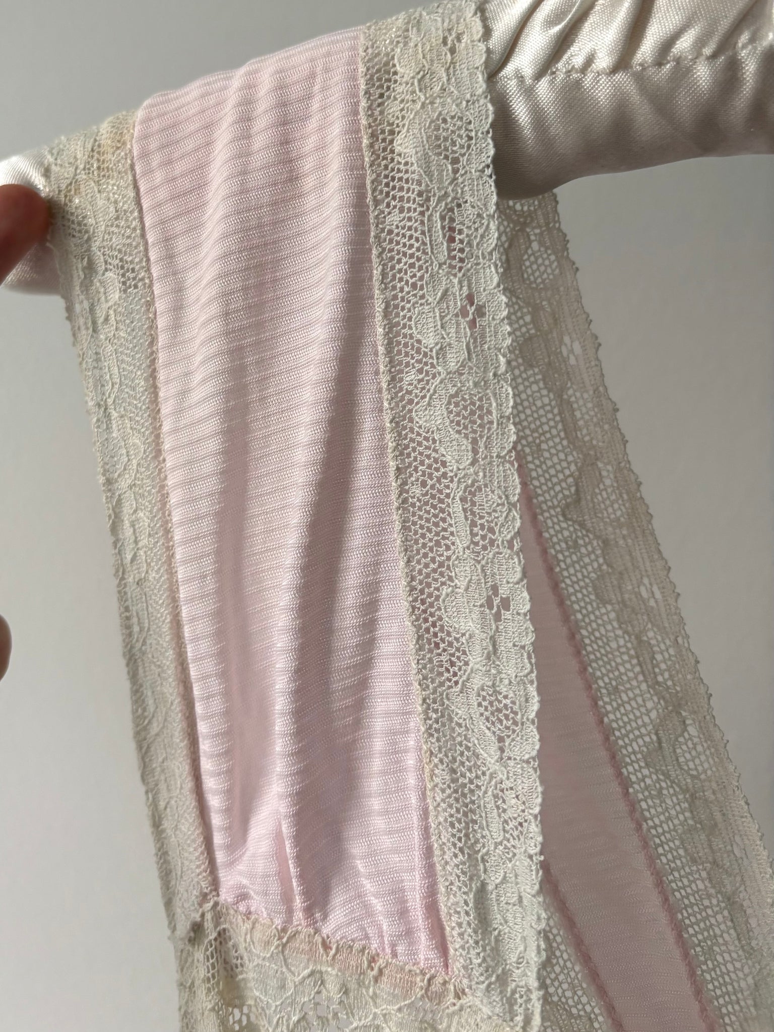 1940s Light Pink Rayon Jersey Bias Cut Slip Dress Cream Lace