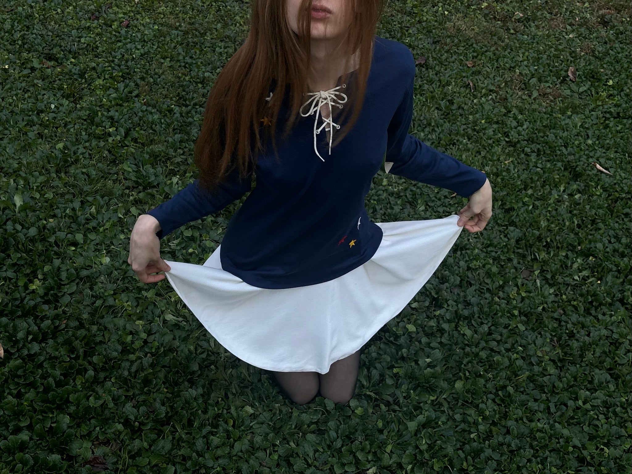 1970s Star Appliqué Navy Blue Lace Up Tee T Shirt Long Sleeve Deadstock