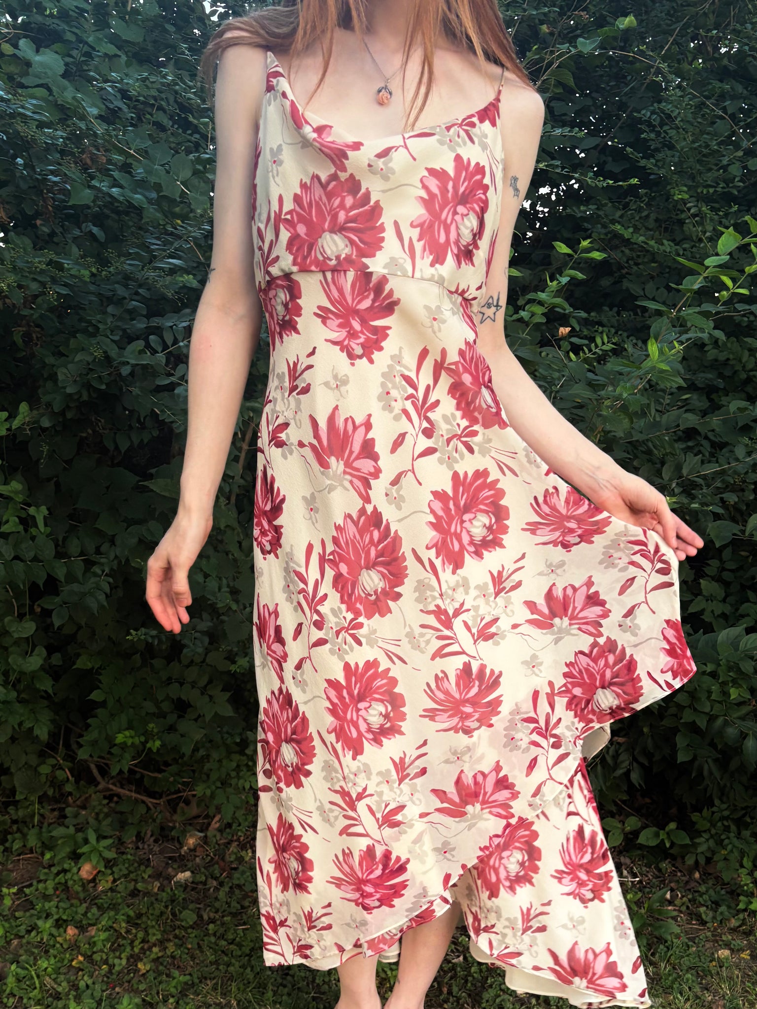 1990s Silk Floral Cream Cowl Neck Dress
