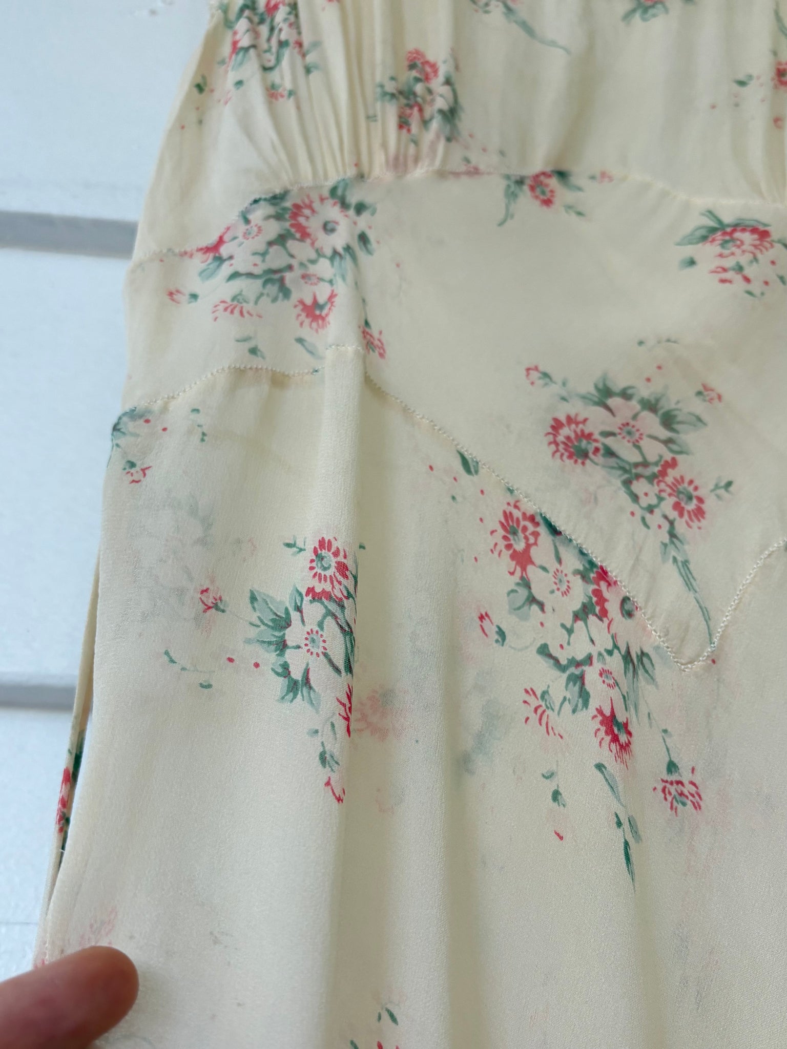 1930s Silk Chiffon Floral Print Cream Lace Bias Cut Slip Dress