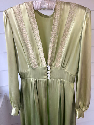 1940s Green Rayon Satin Lace Robe Peignoir