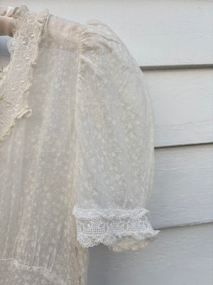 1940s Silk Orgnaza Floral Printed Ruffle Sheer Puff Sleeve Dress Wedding Gown