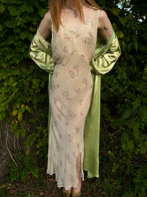 1940s Green Rayon Satin Lace Robe Peignoir