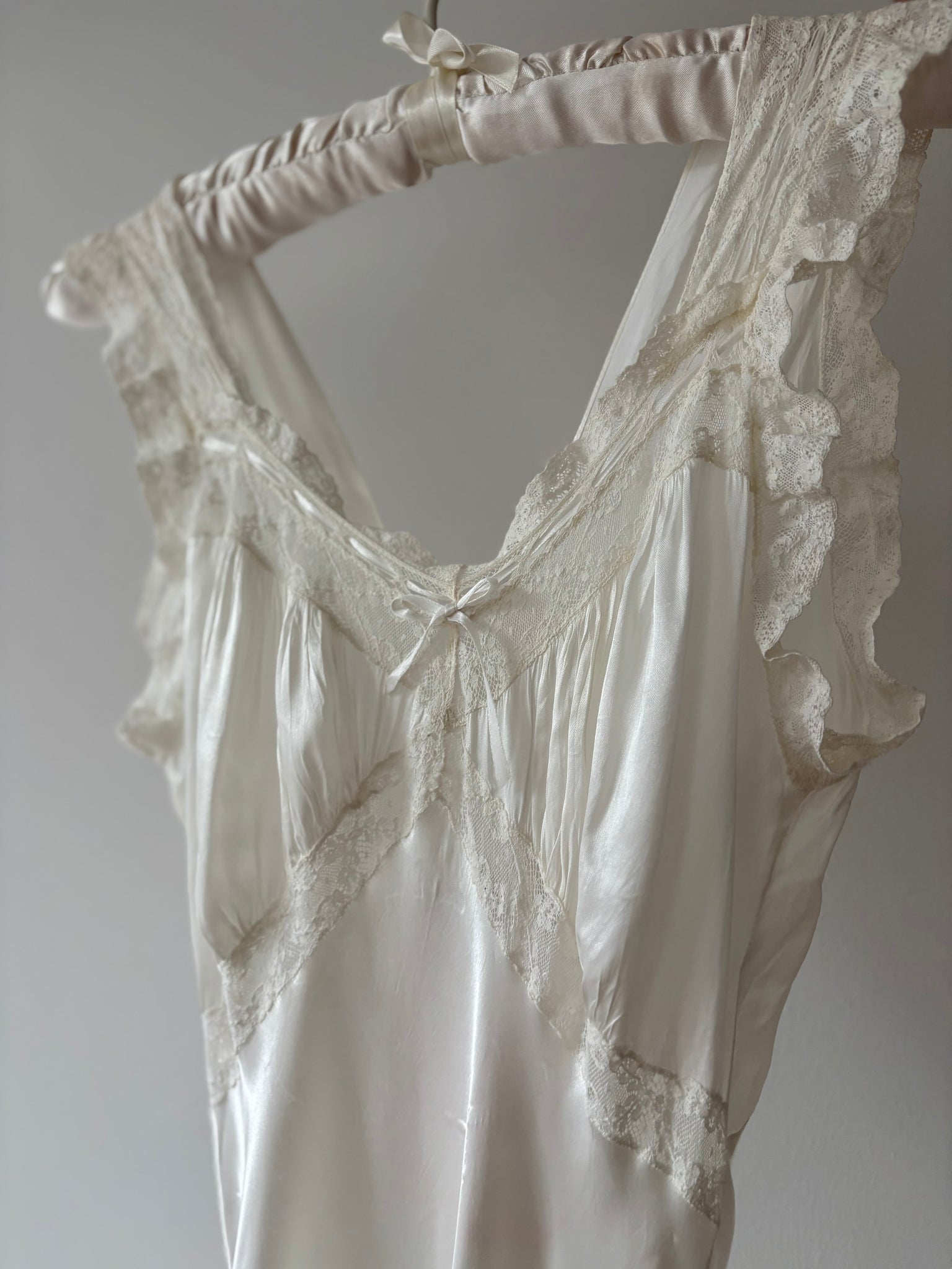 1940s Rayon Satin White Bias Cut Slip Dress Lace Wedding Gown