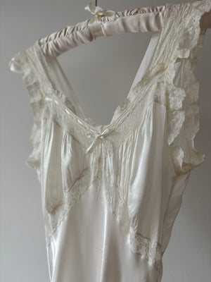 1940s Rayon Satin White Bias Cut Slip Dress Lace Wedding Gown