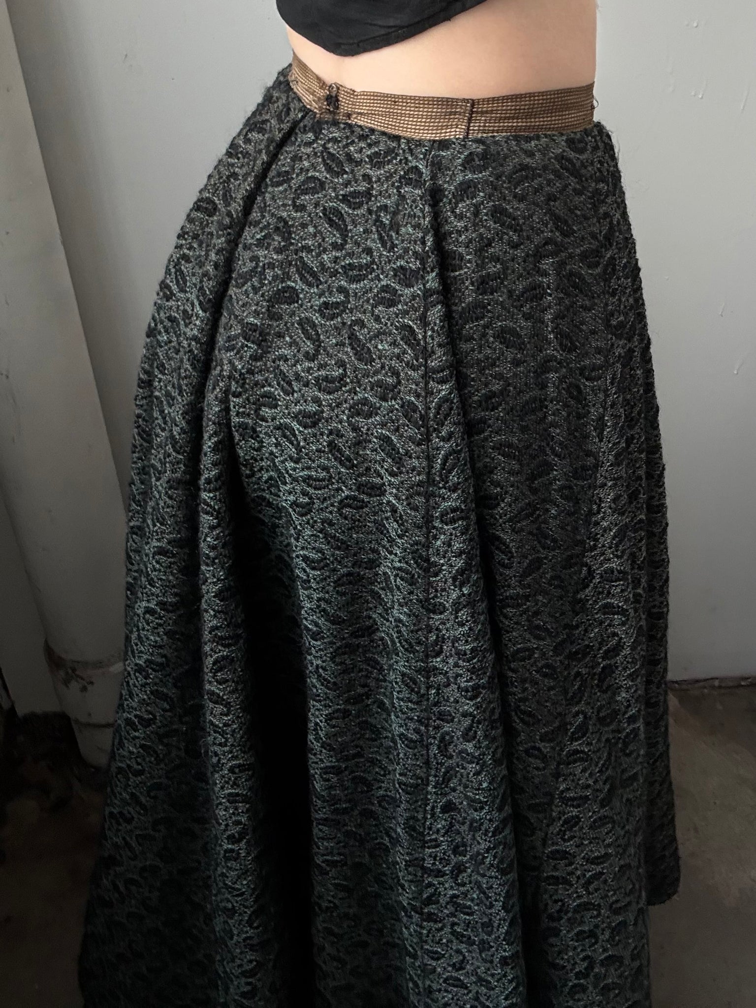 1900s Forest Green Blue Paisley Full Length Skirt