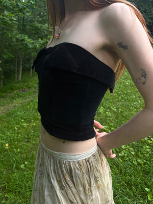 1950s Black Velvet Boned Bodice Bustier Zip Up Back Strapless