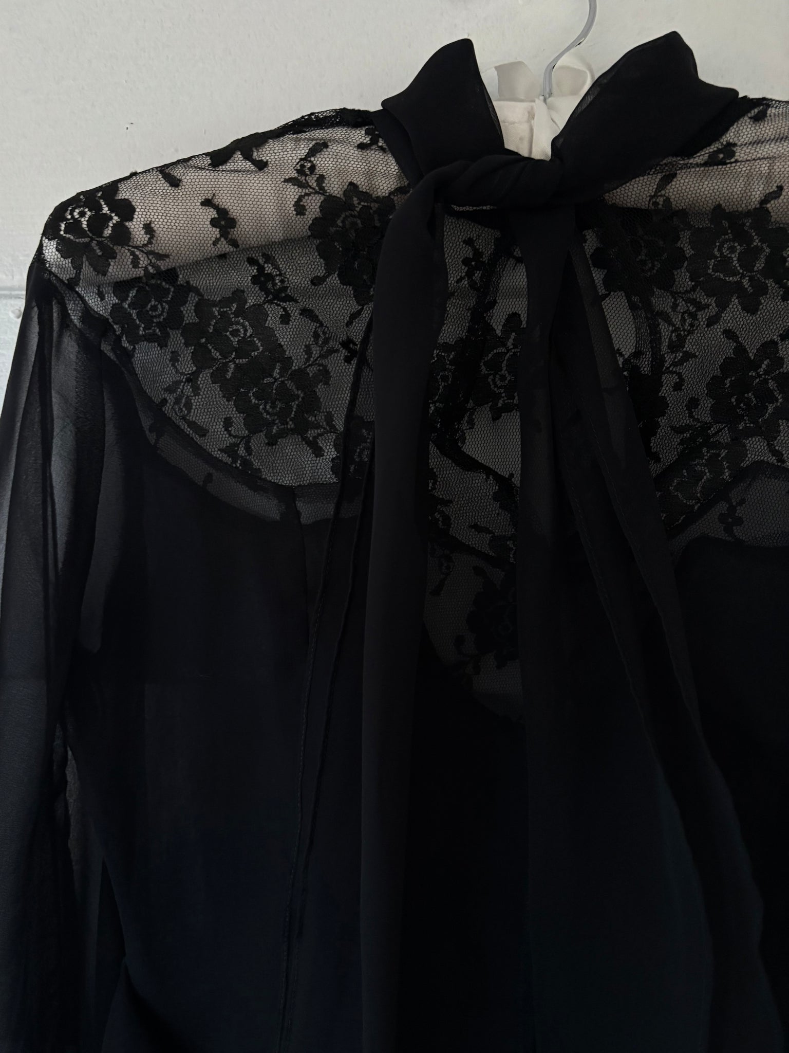 1970s Victorian Style Black Floral Mesh Sheer Lace Long Balloon Sleeve Blouse