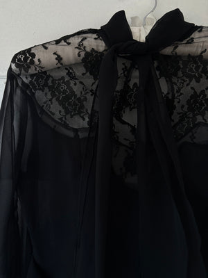 1970s Victorian Style Black Floral Mesh Sheer Lace Long Balloon Sleeve Blouse