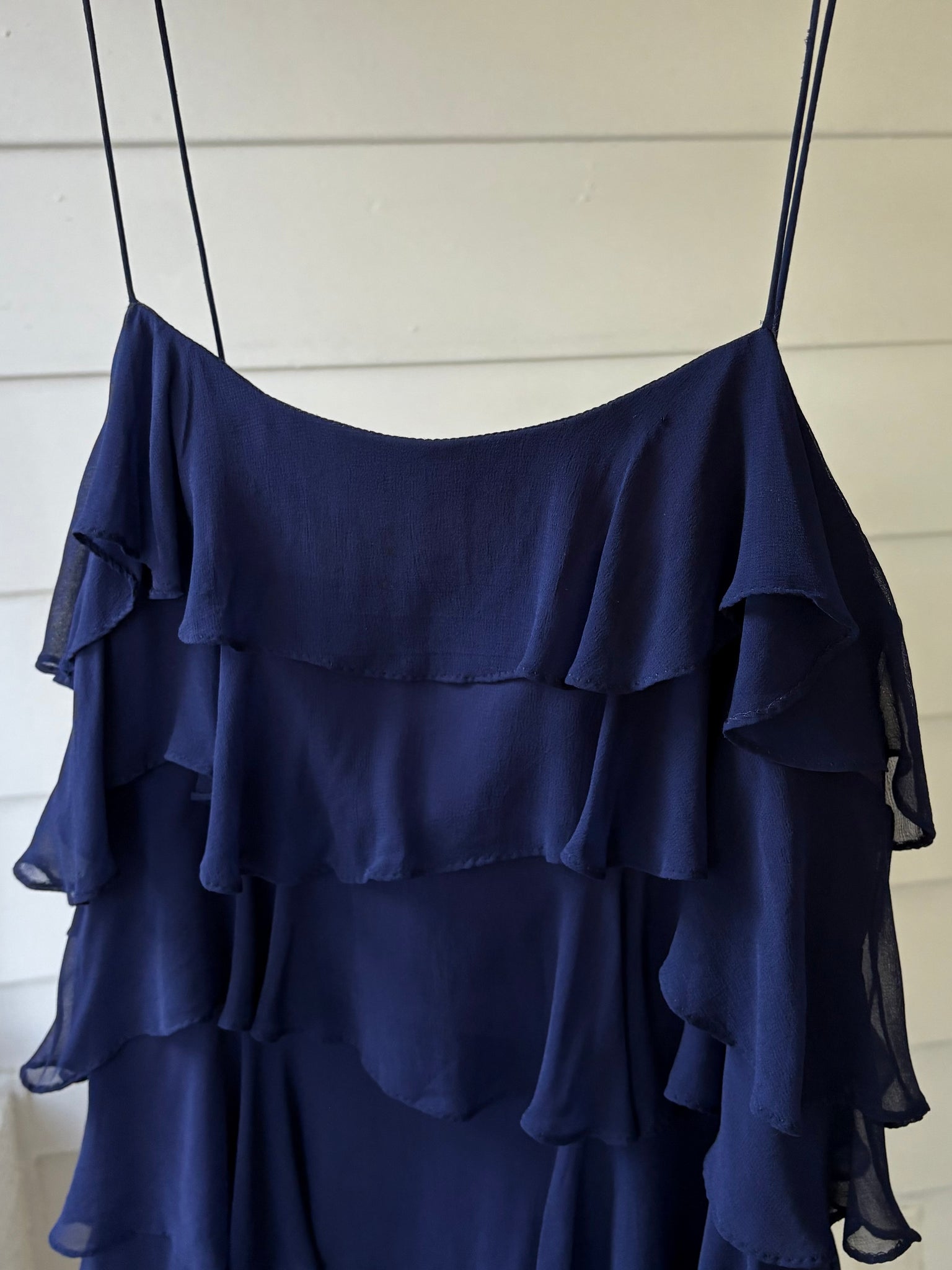 1980s Navy Blue Silk Chiffon Ruffle Cascade Dress Long Gown