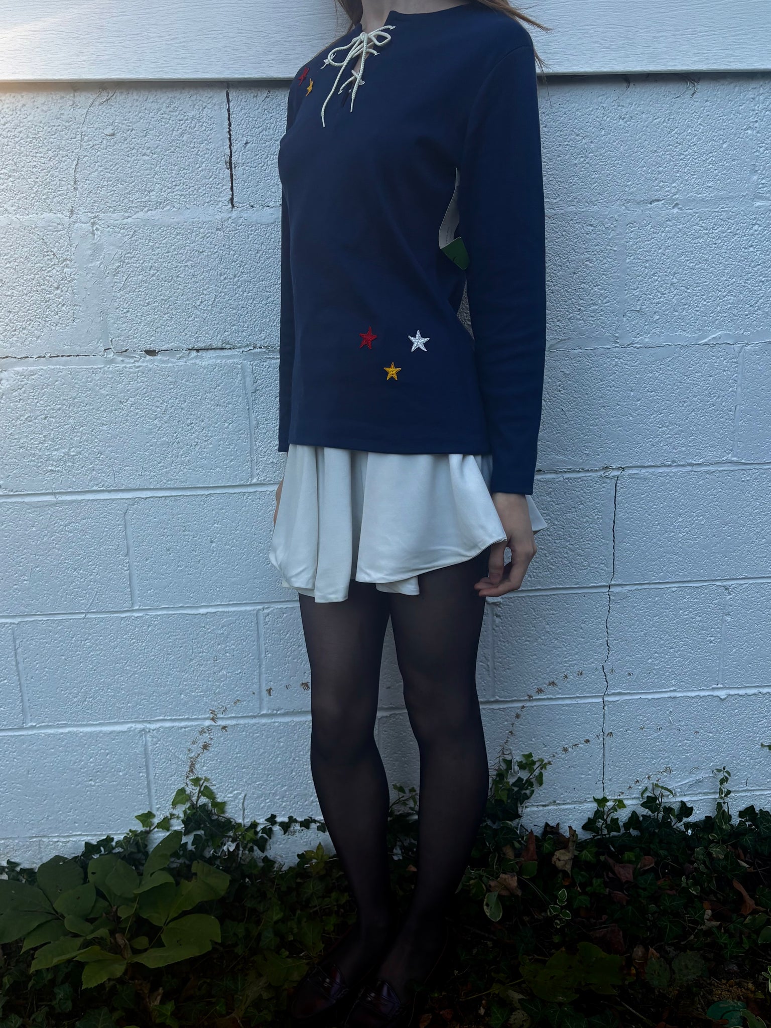 1970s Star Appliqué Navy Blue Lace Up Tee T Shirt Long Sleeve Deadstock