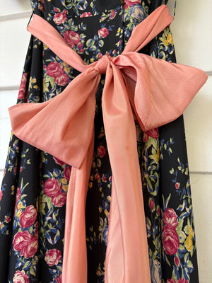1940s Black Rose Floral Wrap Dress Printed Rayon Puff Sleeve