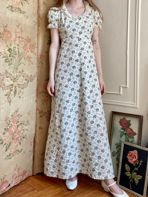 1970s Cream Pink and Blue Floral Lace Puff Sleeve Prairie Maxi Dress Breath Of the Earth 1970s Cream Pink and Blue Floral Lace Puff Sleeve Prairie Maxi Dress Breath Of the Earth