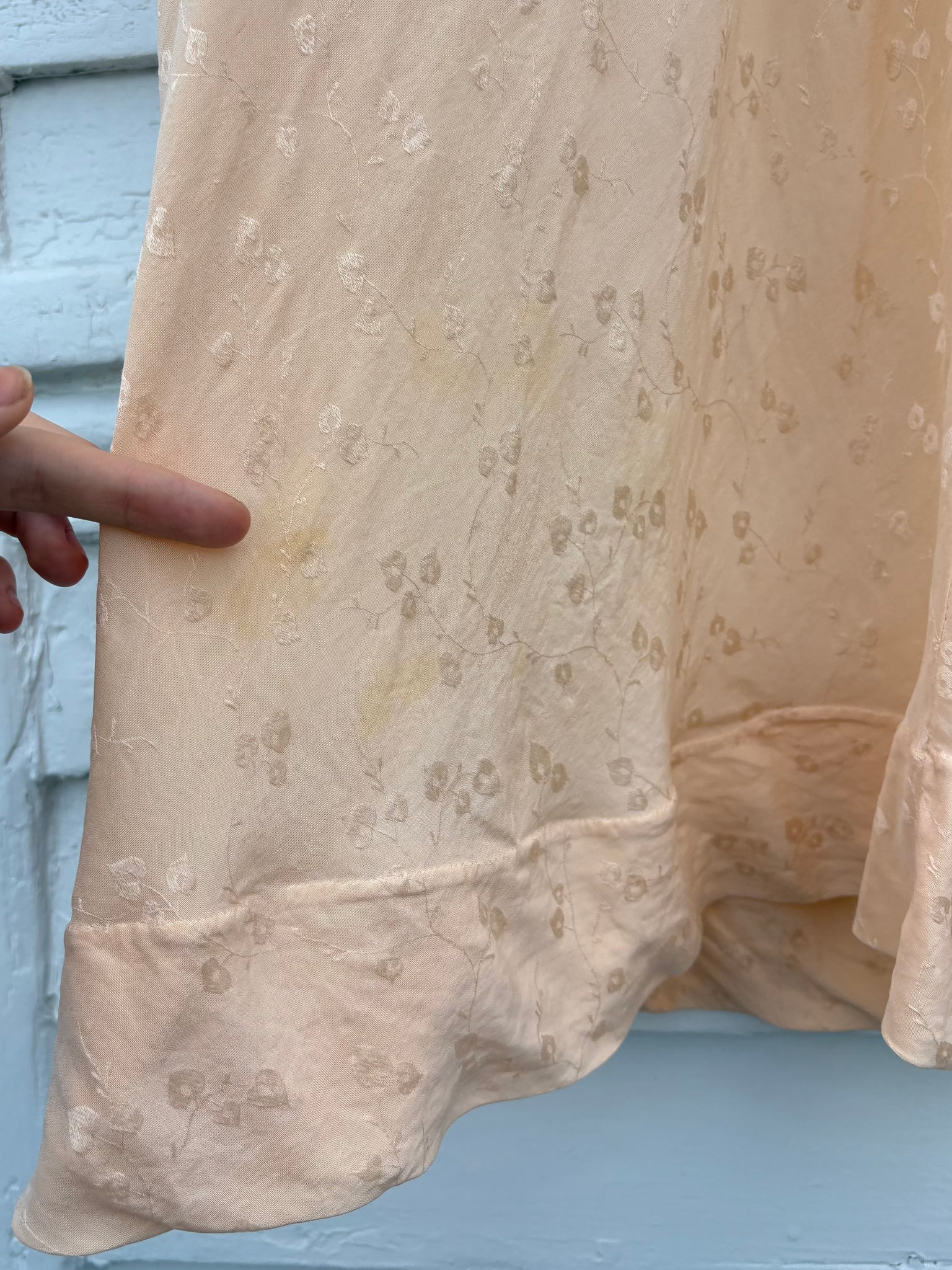 1940s Peach Brocade Silk Cream Net Floral Appliqué Bias Cut Slip Midi Dress