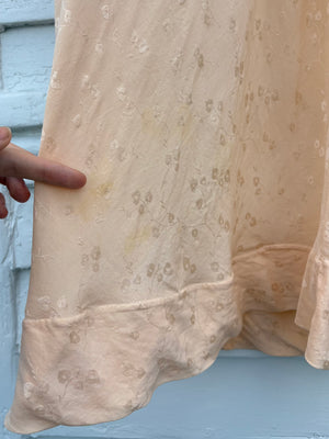 1940s Peach Brocade Silk Cream Net Floral Appliqué Bias Cut Slip Midi Dress