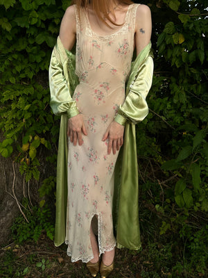 1940s Green Rayon Satin Lace Robe Peignoir