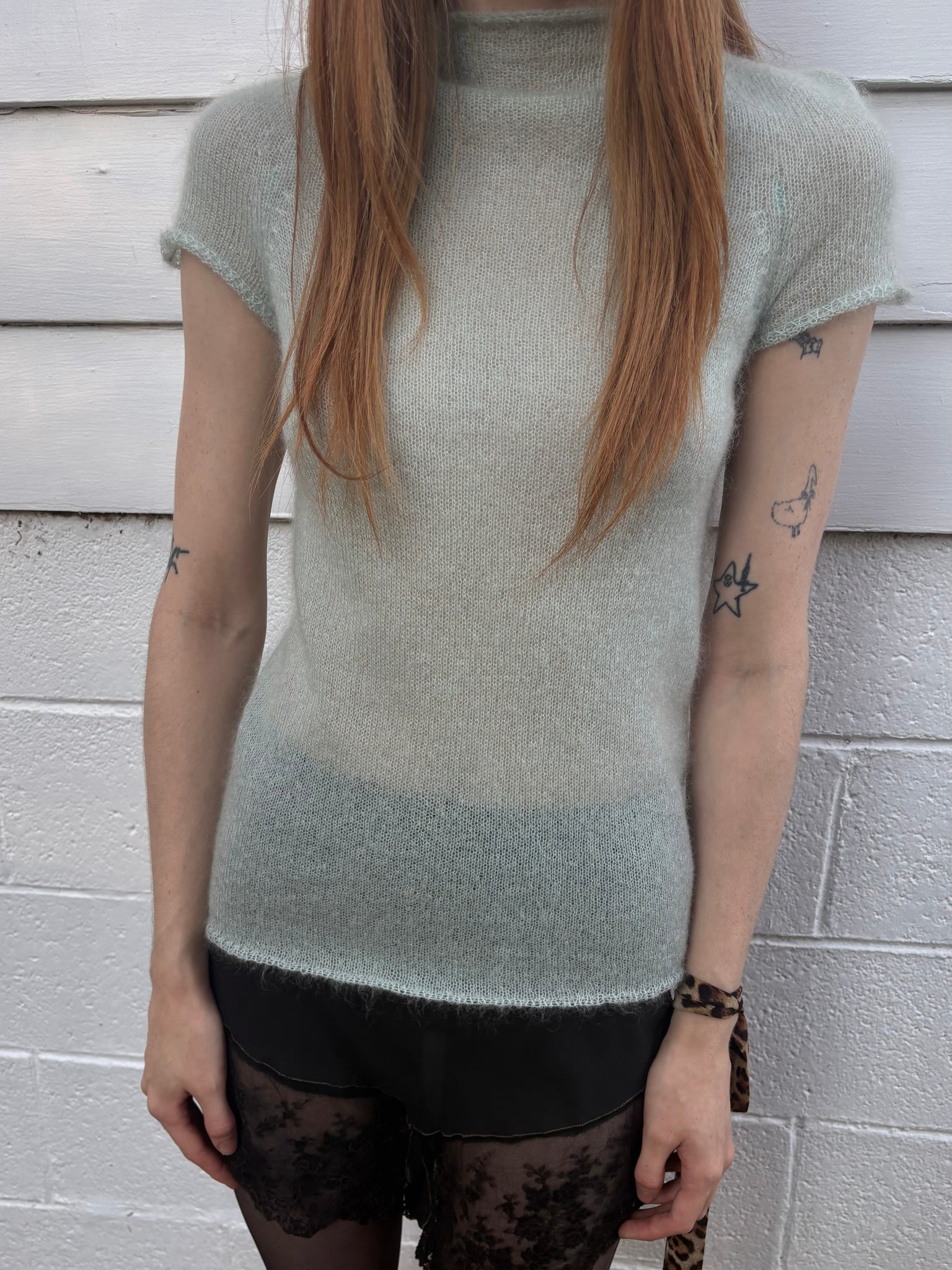 2000s Light Blue Fuzzy Mohair Knit Sweater Short Sleeve DKNY