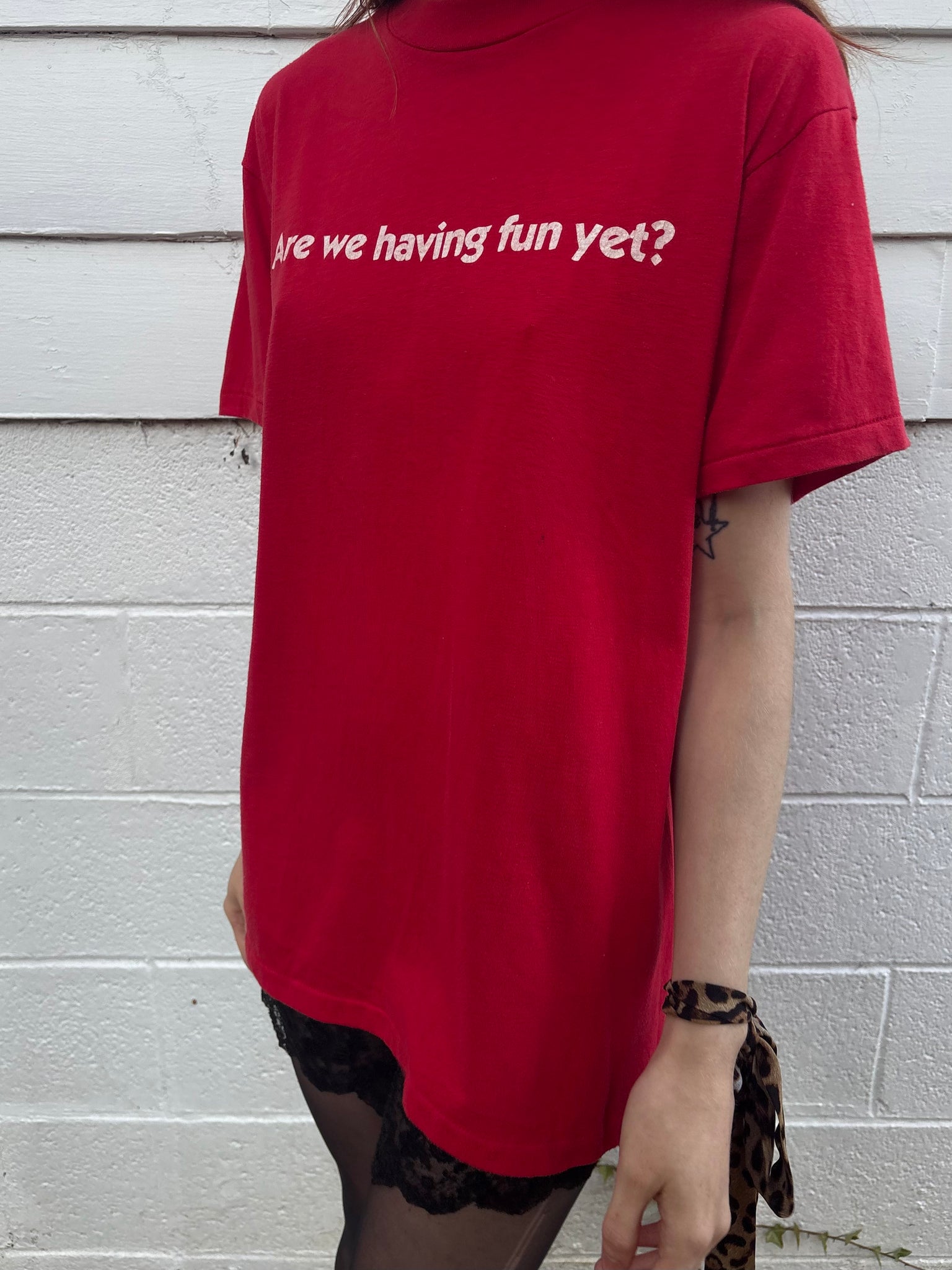 1980s Red Tee T Shirt Short Sleeve Are We Having Fun Yet?