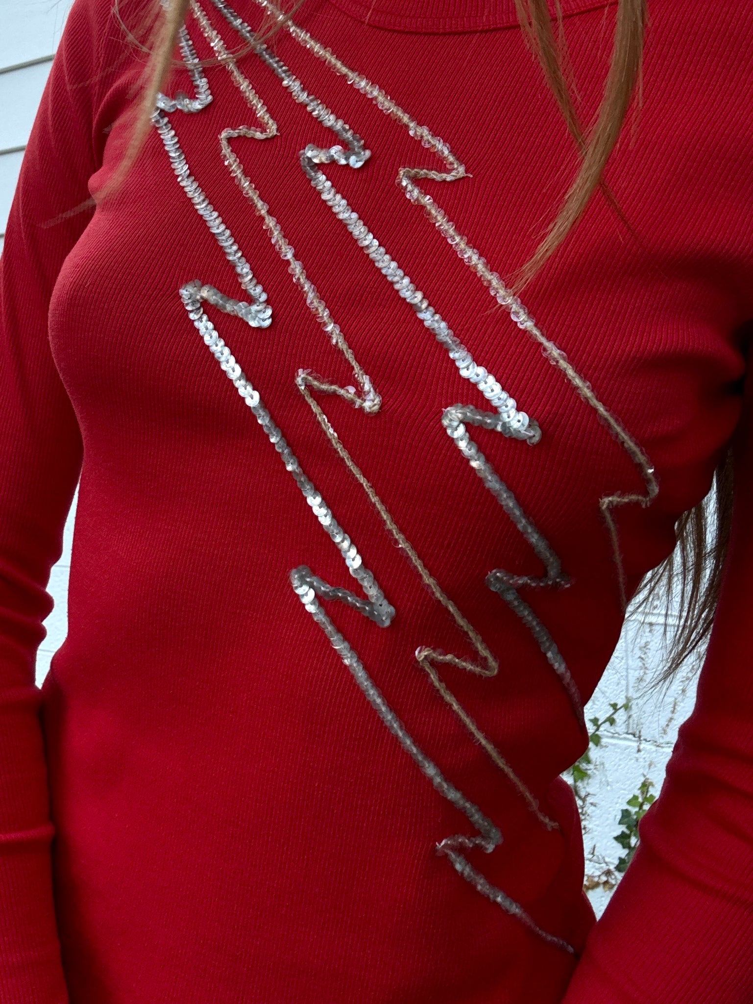 1970s Sequin Lightning Bolts Red Ribbed Tee T Shirt Long Sleeve Charlie’s Girls