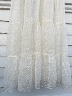 1940s Silk Orgnaza Floral Printed Ruffle Sheer Puff Sleeve Dress Wedding Gown