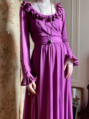 1970s Purple Victor Costa Ruffle Drape Long Sleeve Maxi Dress