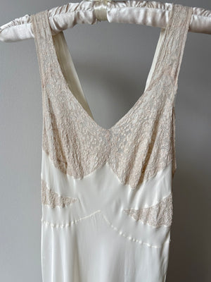 1940s Rayon White Lace Bodice Bias Cut Slip Dress Lace